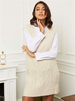 Beige lang strikvest med V-hals
