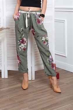 Hørbukser - Kaki hørbukser med blomster