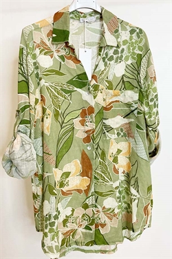 Malibu Hør skjorte med blomsterprint i armygrøn
