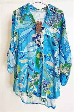 Malibu Hør skjorte med blomsterprint i blå