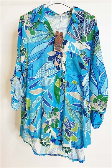 Malibu Hør skjorte med blomsterprint i blå