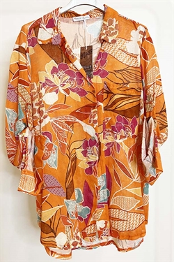 Malibu Hør skjorte med blomsterprint i orange