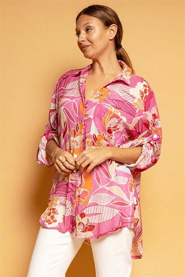 Malibu Hør skjorte med blomsterprint i pink