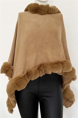 Poncho med pels kanter i camel