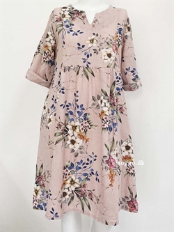 Corina hørkjole i støvet rosa - Hørkjole med blomster. 